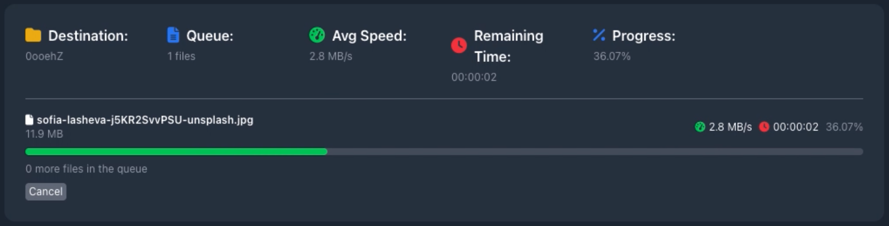 Gofile upload progress view showing destination folder, queue, average speed and progress bar