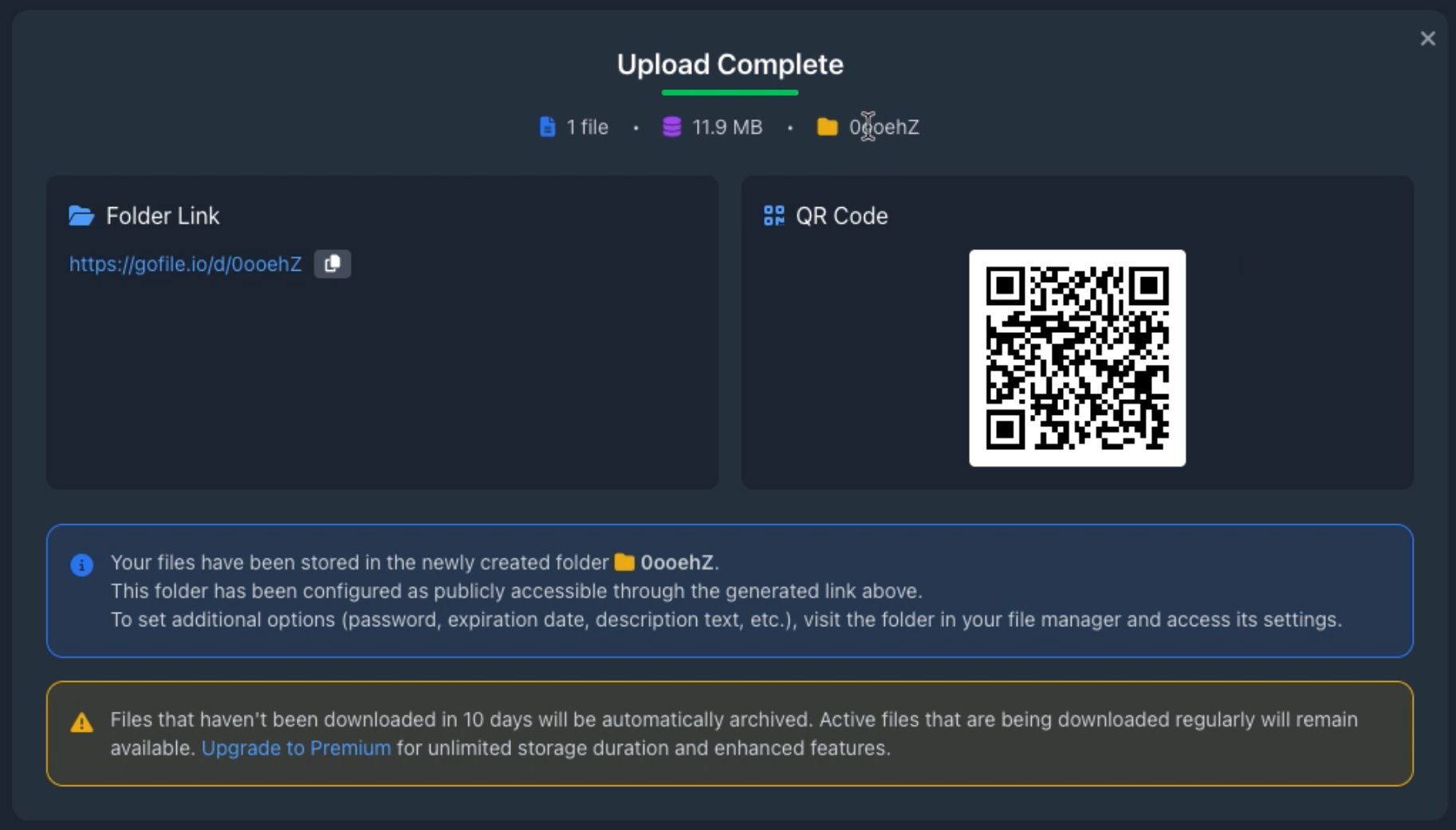 Gofile upload complete screen showing folder link and QR code for sharing