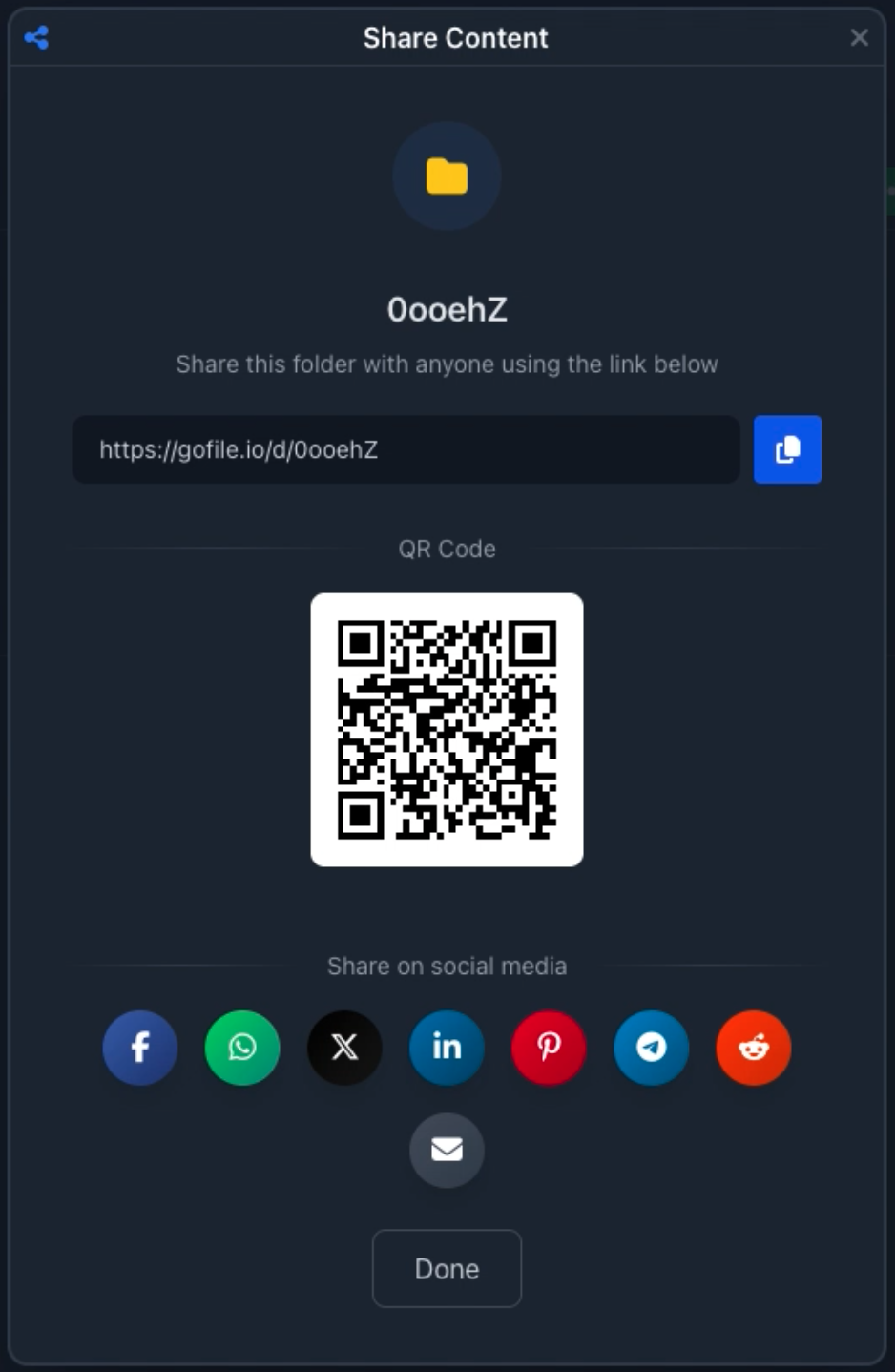 Gofile Share Content modal with folder link, QR code and social sharing icons